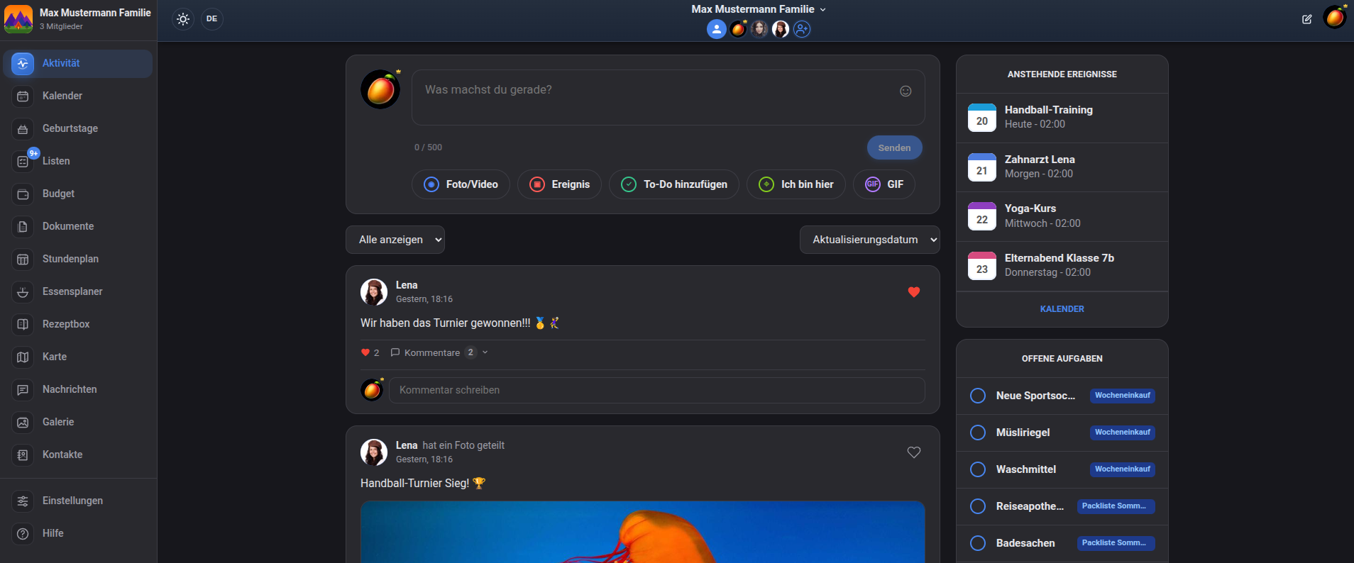Dumango Family Dashboard mit bevorstehenden Terminen und offenen Aufgaben